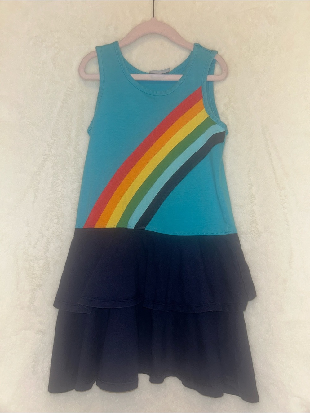 Hanna Andersson Girls Rainbow Tank Dress in Teal and Navy